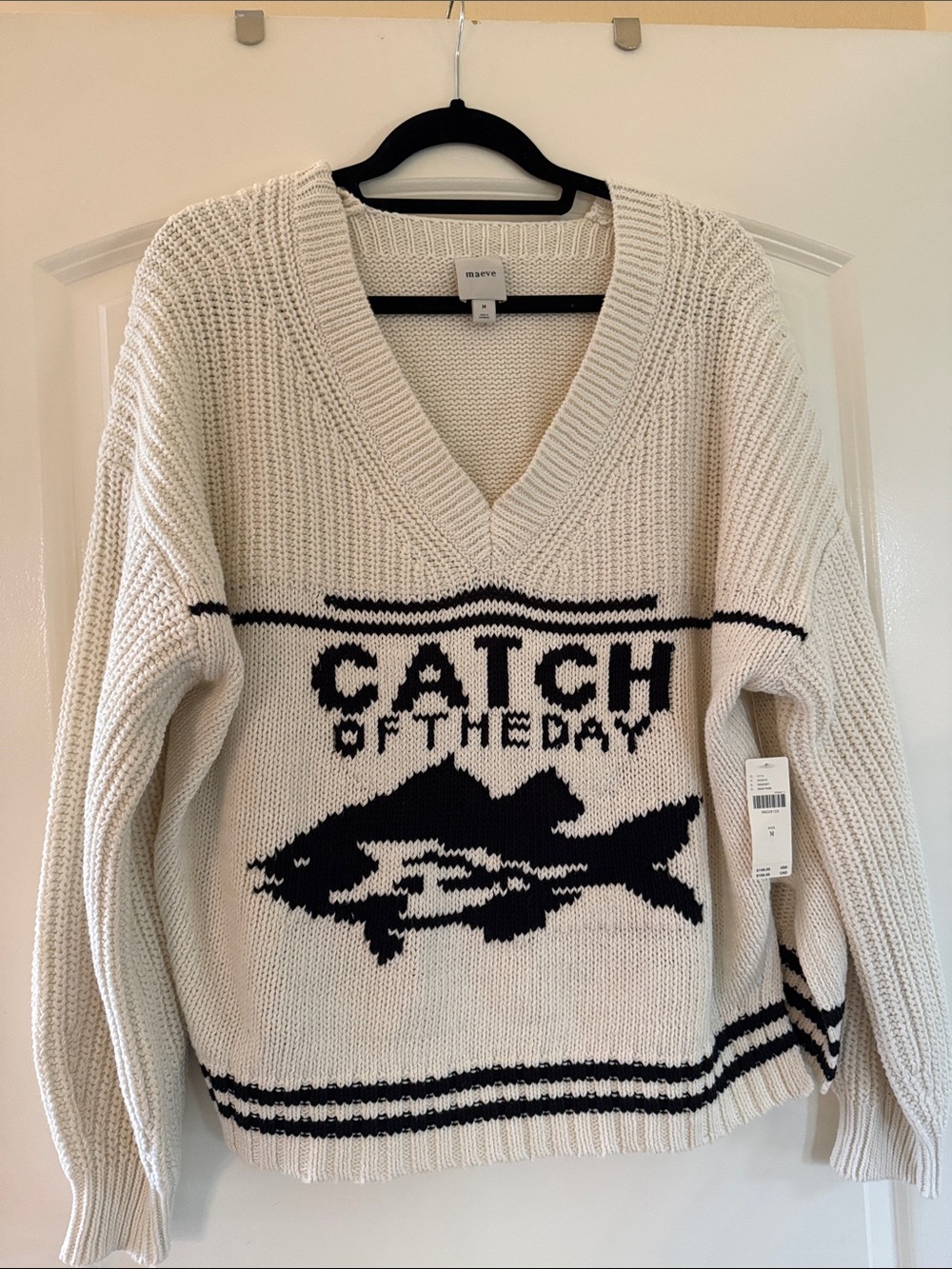 NWT- Maeve Cream V‑Neck Knit Sweater “catch of Day” sz M